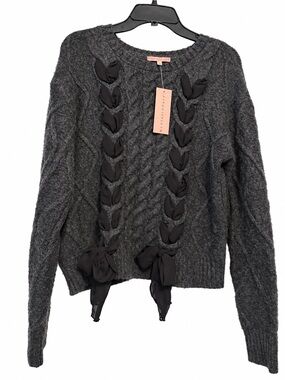 Revolution Charcoal Gray Cable-Knit Sweater with Black Ribbon Braids